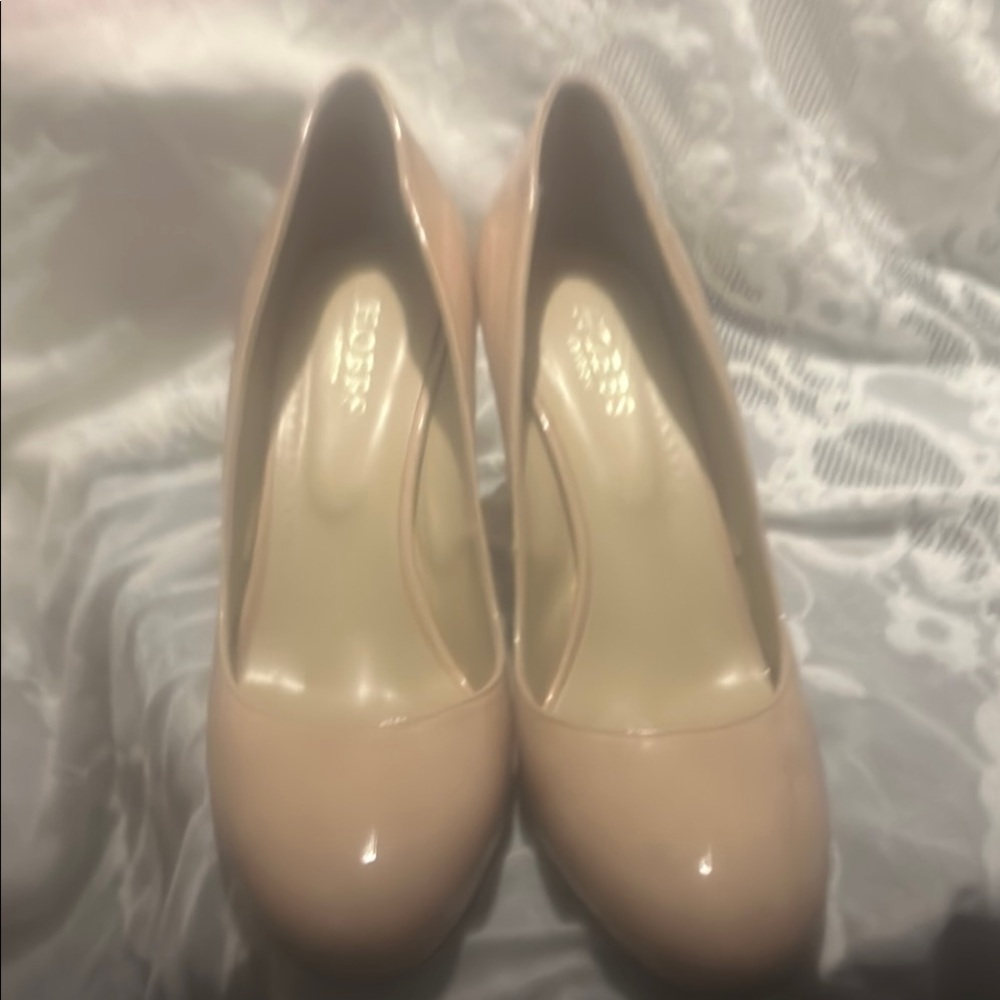 Nude Patent Round-Toe Platform Pumps
